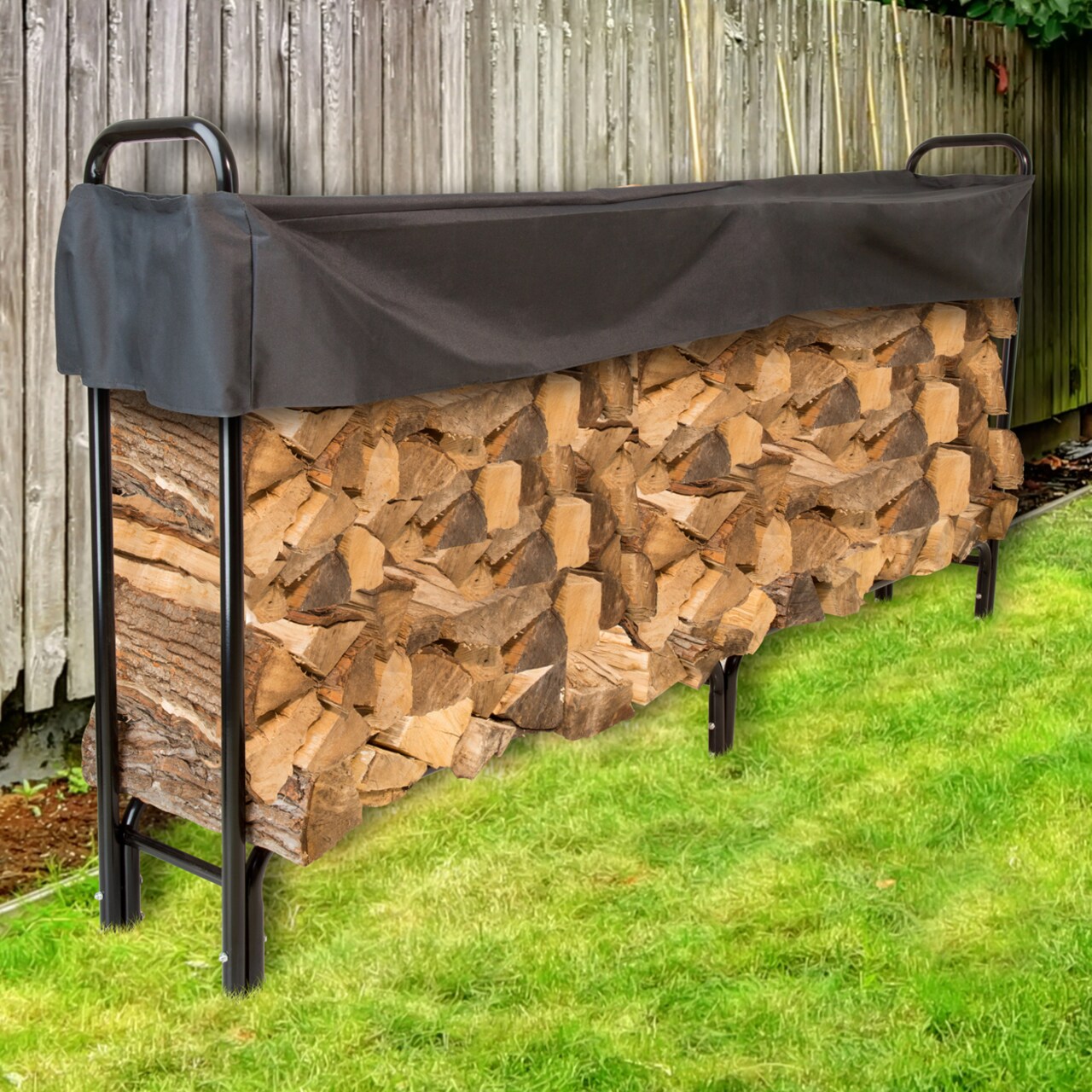 Pure Garden 8 Foot Steel Firewood Log Rack With Cover Durable Outdoor Storage